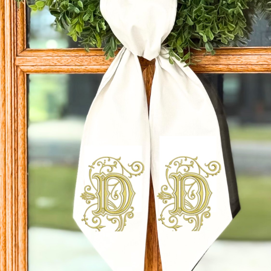 Handmade Ornate Monogram Wreath Sash – Elegant Gold Embroidered Initial