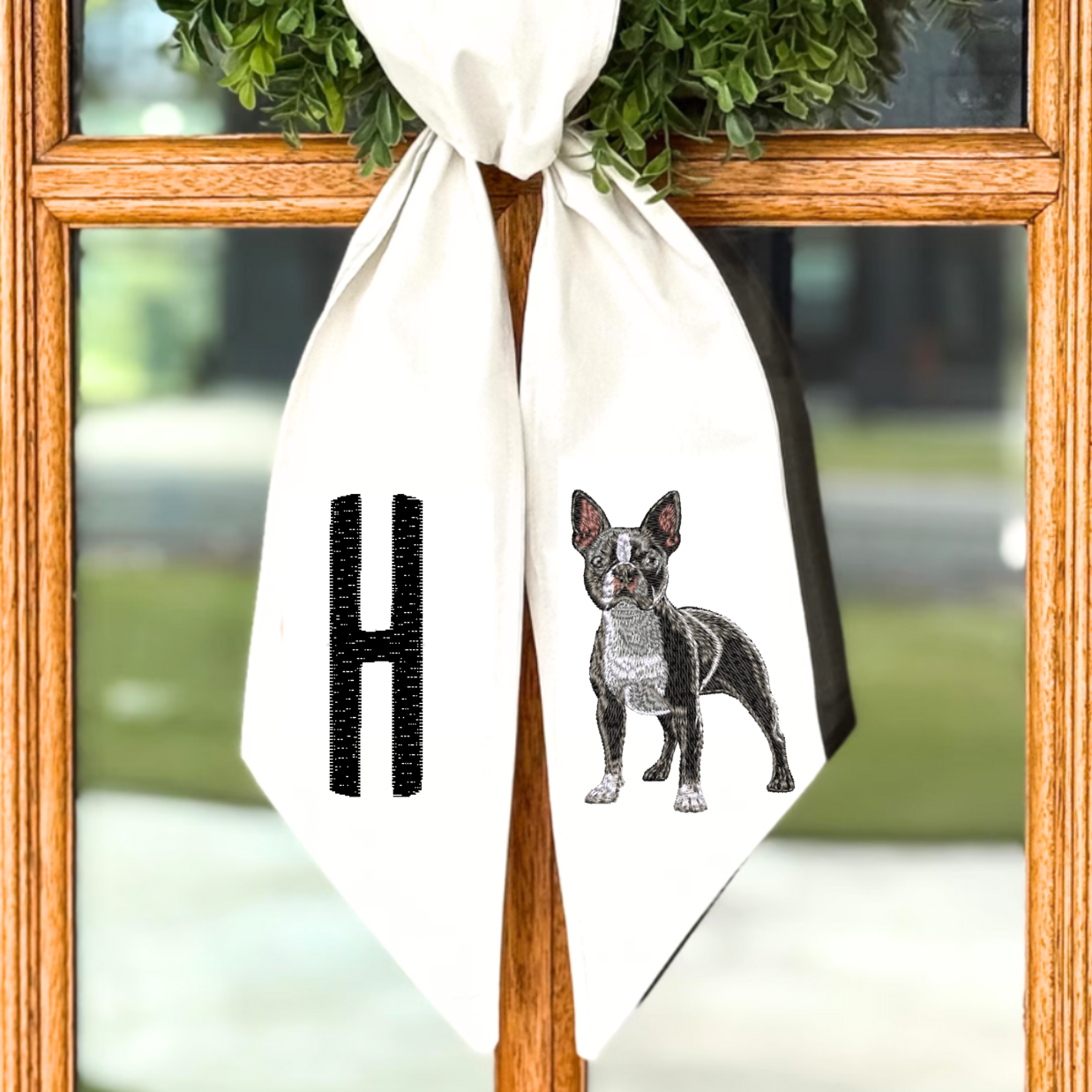 Personalized Boston Terrier Embroidered Wreath Sash — Cotton & Canvas Door Décor (54" × 5")