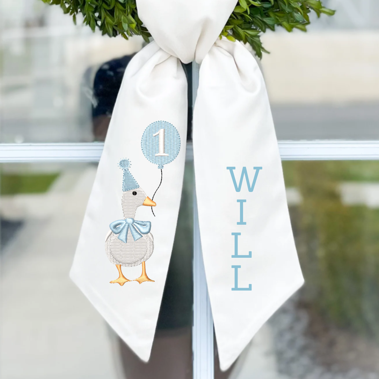 Embroidered First Birthday Goose Wreath Sash – Personalized Baby Boy Door Decor