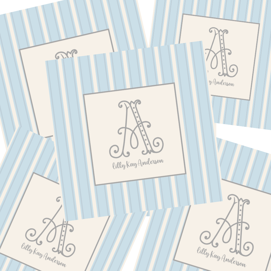 Personalized Blue Stripe Enclosure Cards | Classic Monogram Gift Notes | Custom Stationary for Baby & Family Gifts