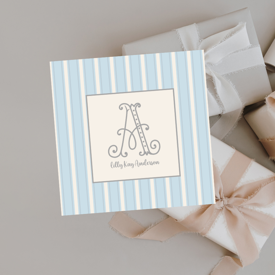 Personalized Blue Stripe Enclosure Cards | Classic Monogram Gift Notes | Custom Stationary for Baby & Family Gifts