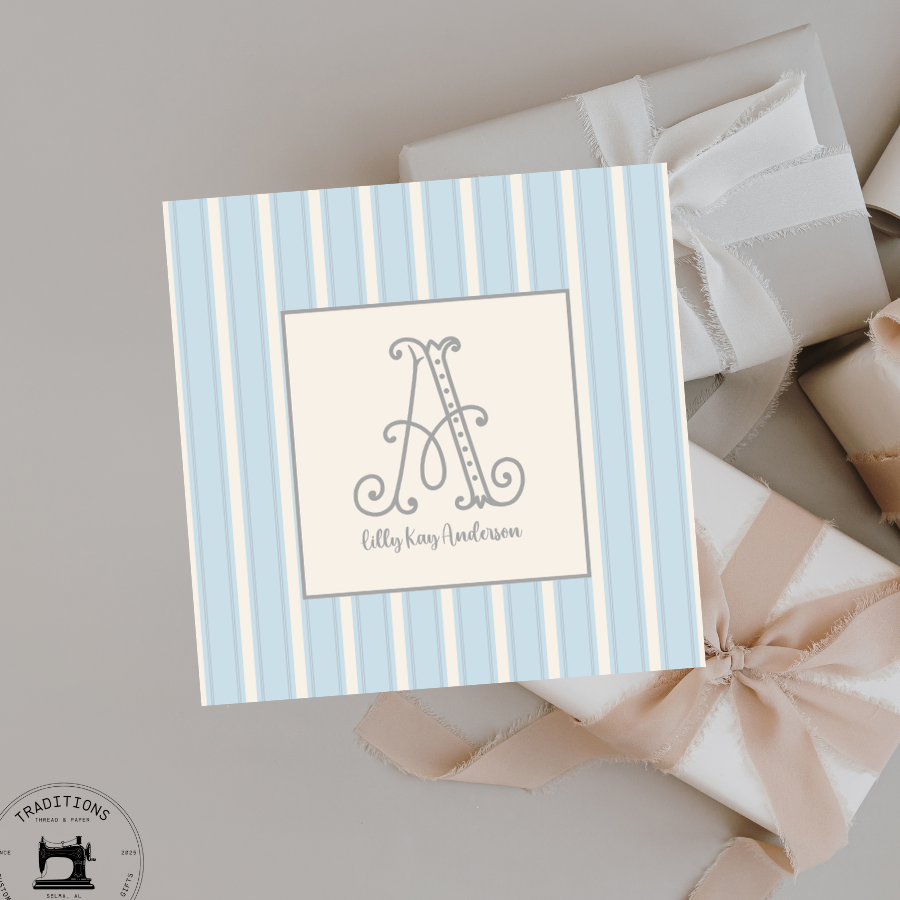 Personalized Blue Stripe Enclosure Cards | Classic Monogram Gift Notes | Custom Stationary for Baby & Family Gifts