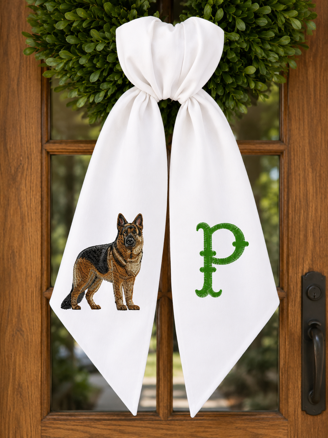 Personalized German Shepherd Wreath Sash with Monogram – Embroidered Dog Door Décor
