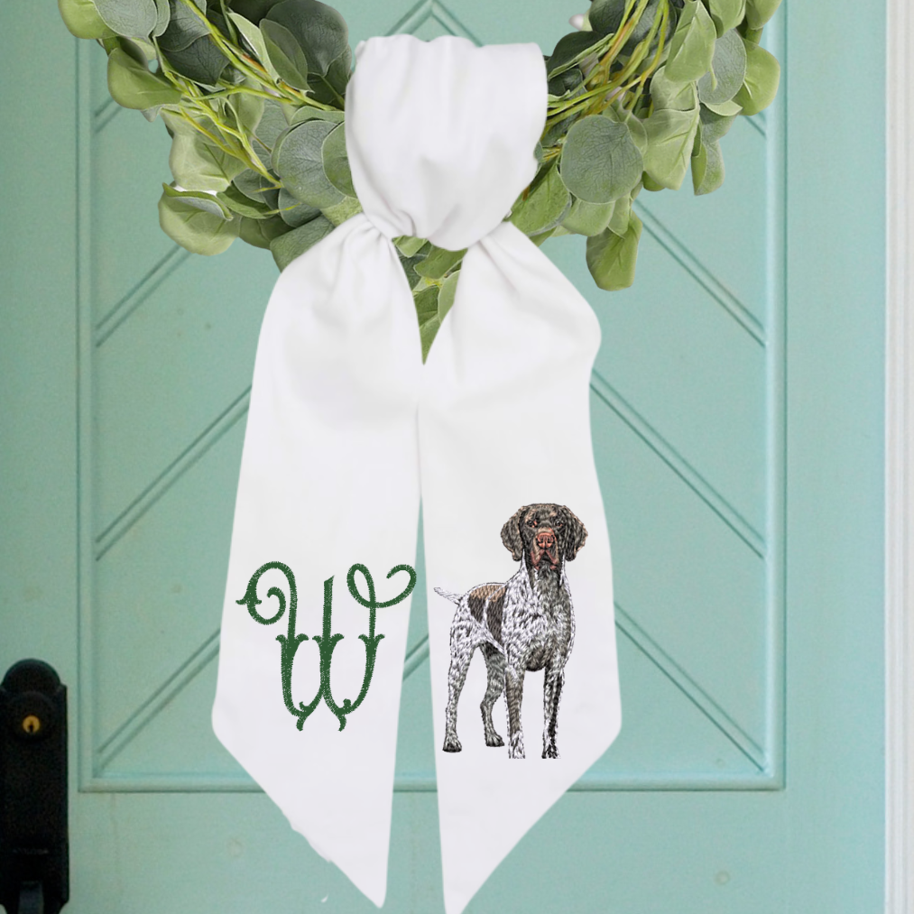 Personalized German Shorthaired Pointer Wreath Sash – Monogram “W” – Cotton & Canvas, 54" × 5"