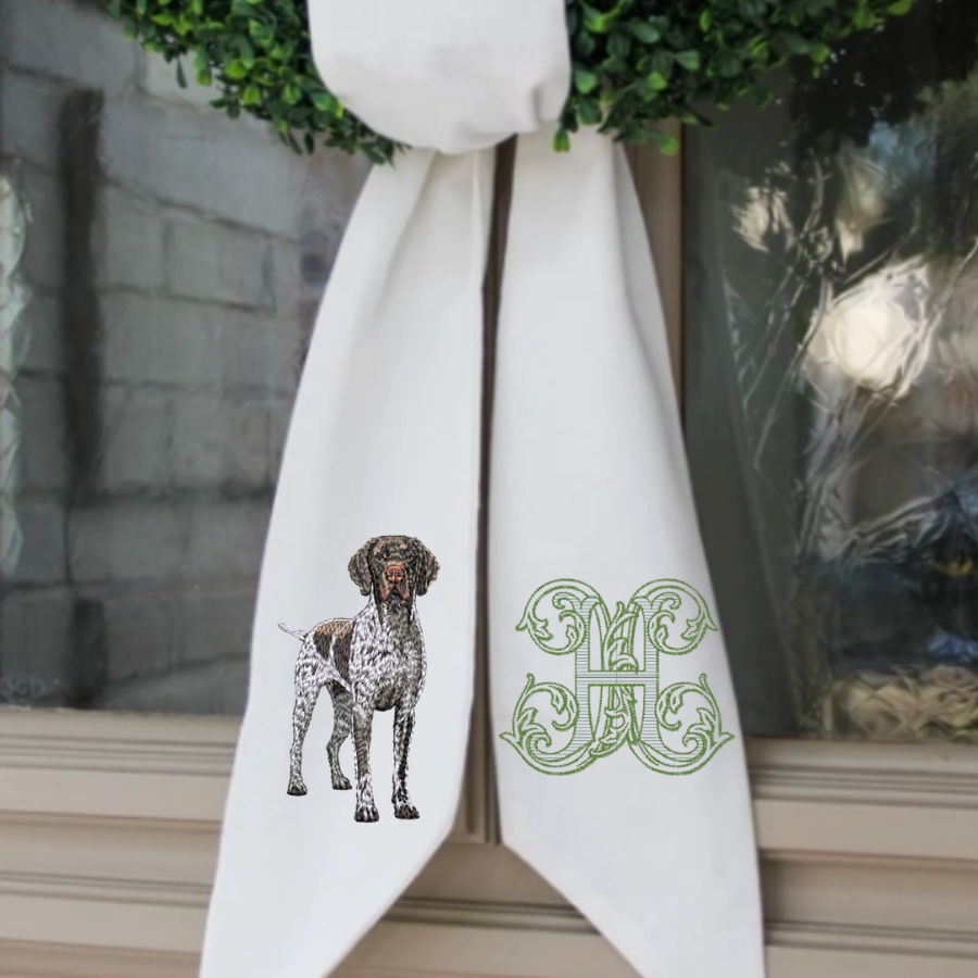Personalized German Shorthaired Pointer Wreath Sash – Monogram “W” – Cotton & Canvas, 54" × 5"