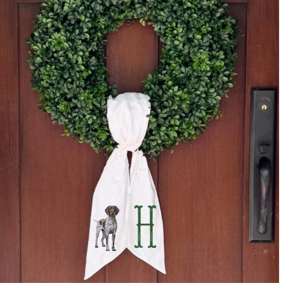 Personalized German Shorthaired Pointer Wreath Sash – Monogram “W” – Cotton & Canvas, 54" × 5"