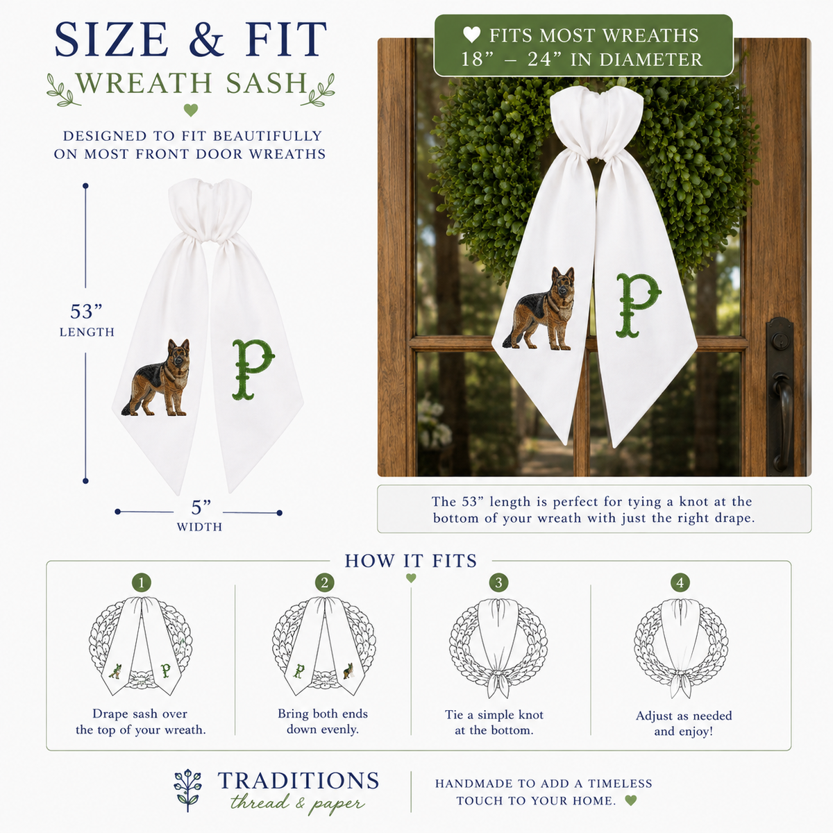 Personalized German Shepherd Wreath Sash with Monogram – Embroidered Dog Door Décor