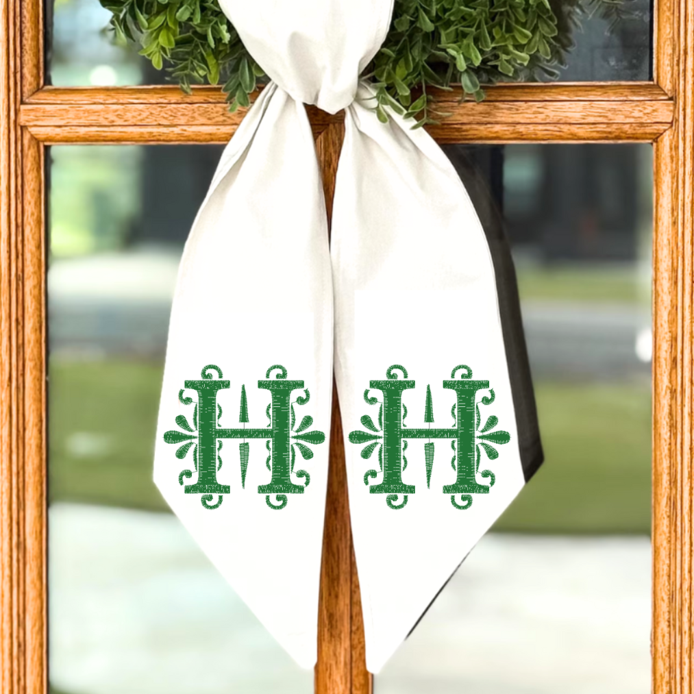 Personalized Green Monogram Wreath Sash – Ornate “H” Design – Cotton & Canvas, 54" × 5"