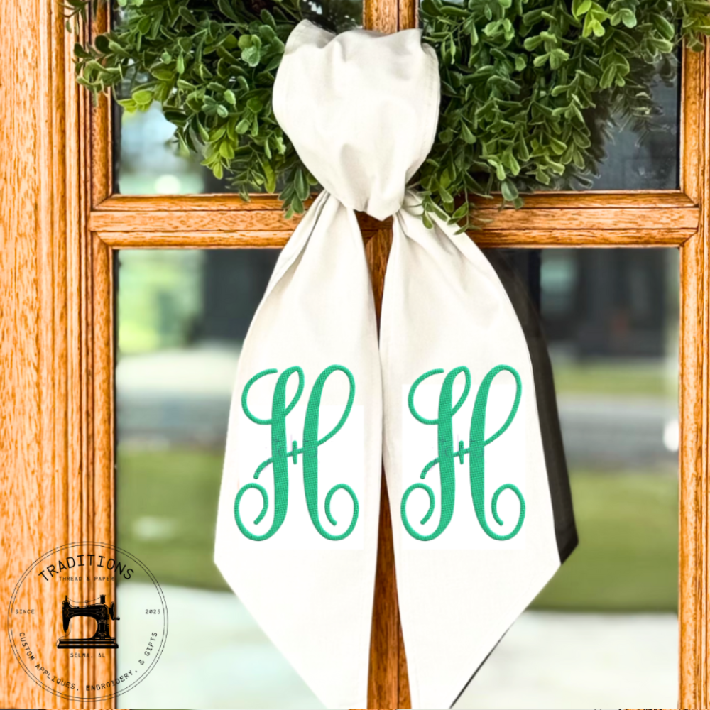 Monogram Initial Wreath Sash – Personalized Embroidered Door Décor