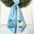 The Lord Is My Shepherd Wreath Sash – Embroidered Lamb Door Hanger – Light Blue Christian Easter Decor