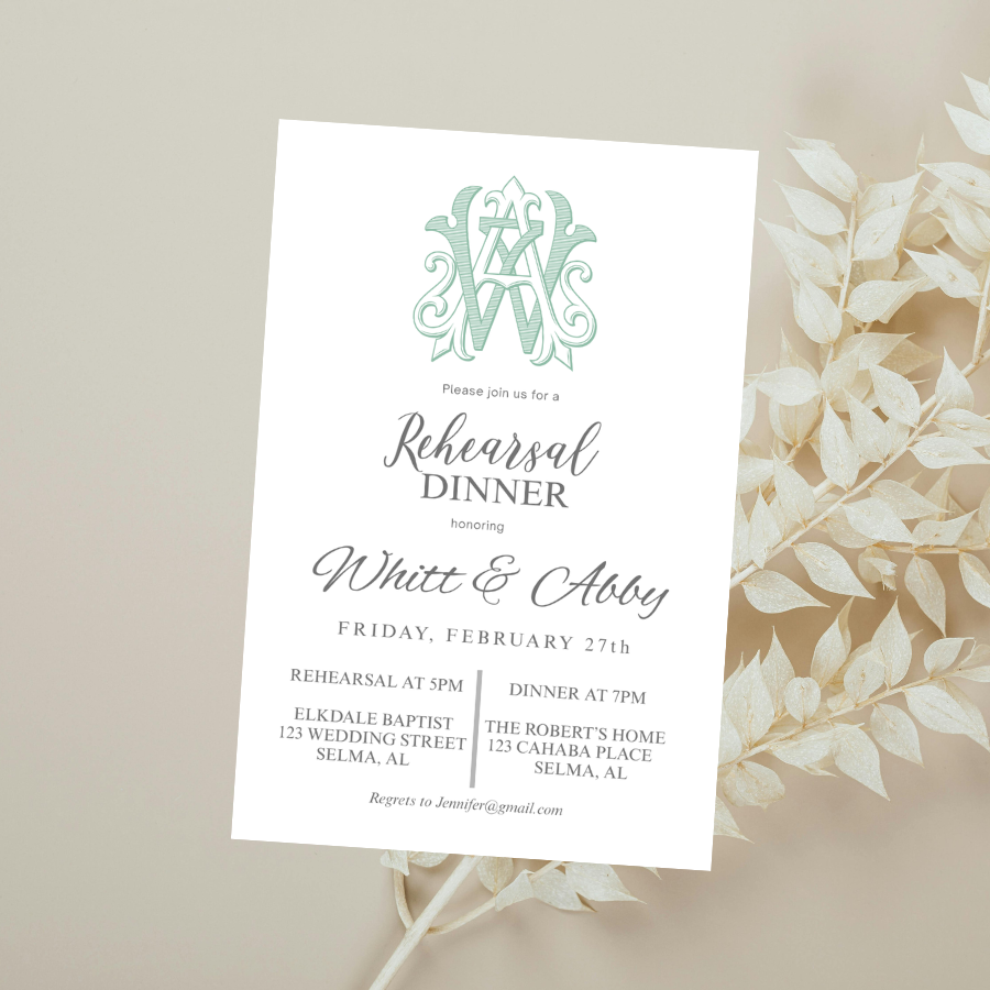 Personalized Rehearsal Dinner Invitation | Elegant Monogram Wedding Dinner Invite | Printable or Printed Invitation