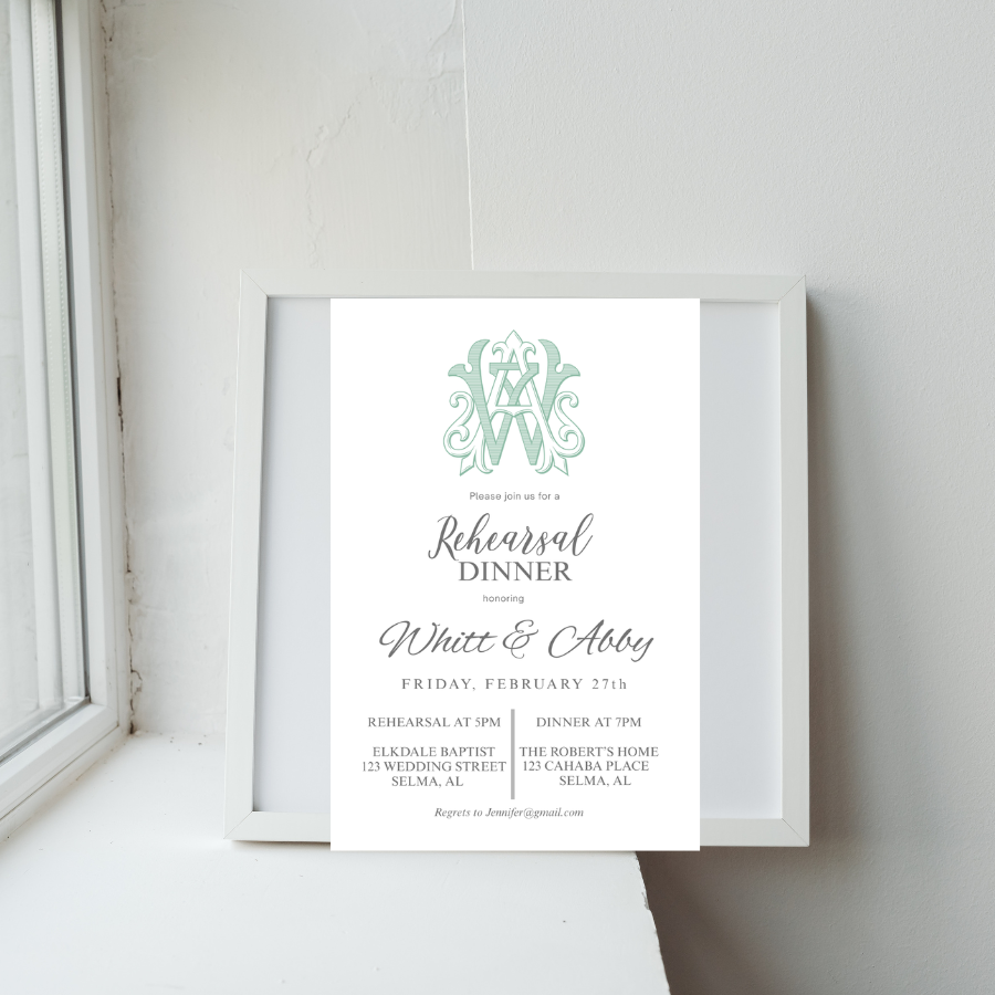 Personalized Rehearsal Dinner Invitation | Elegant Monogram Wedding Dinner Invite | Printable or Printed Invitation