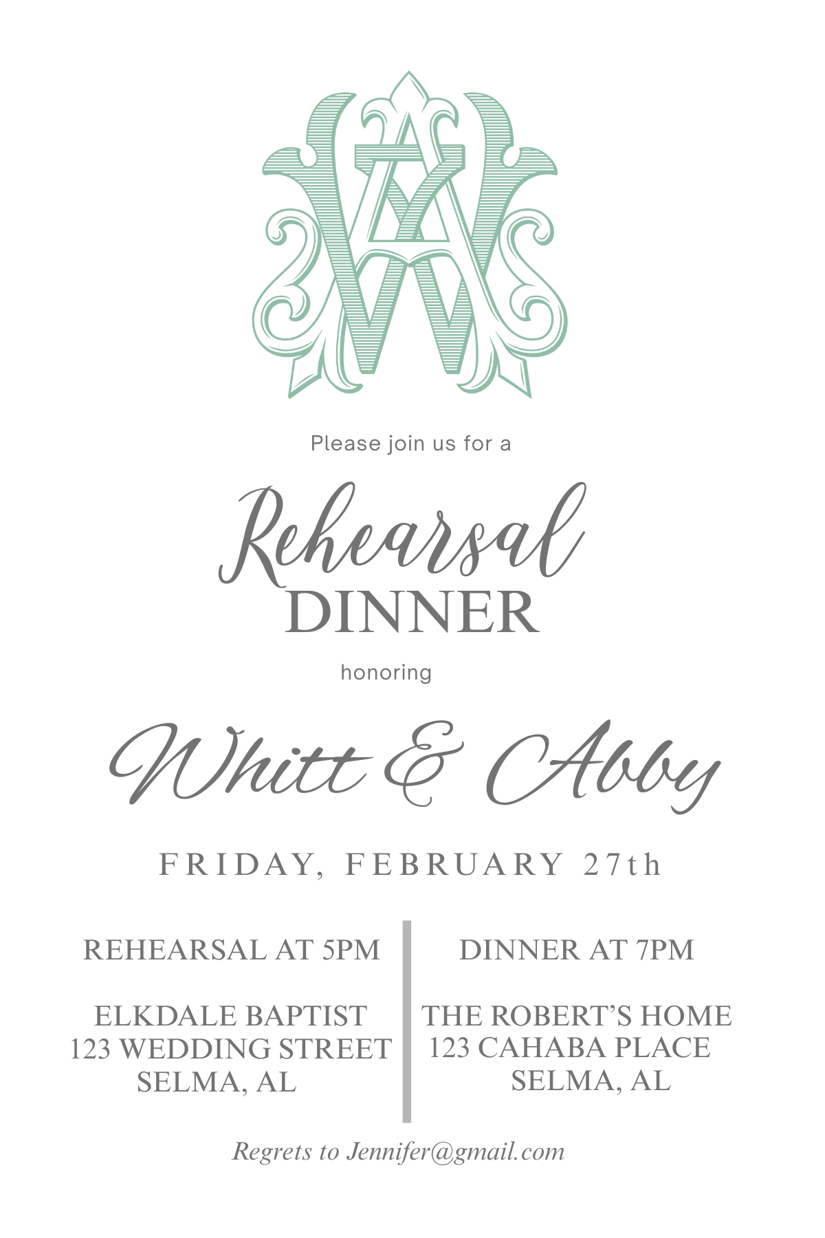 Personalized Rehearsal Dinner Invitation | Elegant Monogram Wedding Dinner Invite | Printable or Printed Invitation