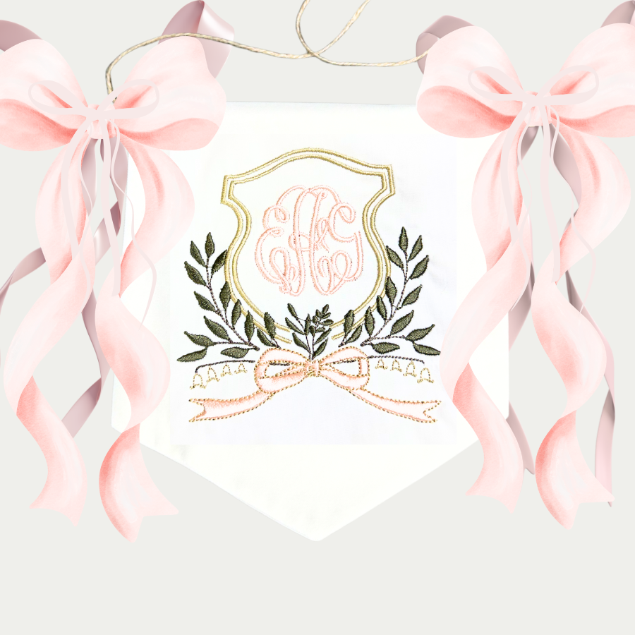 Personalized Blush Bow Baby Banner – Embroidered Monogram Nursery Decor