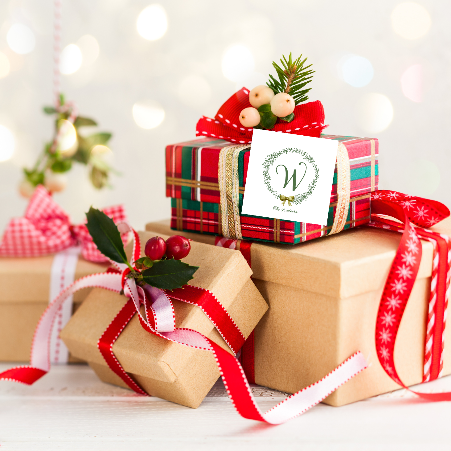 Green Wreath Monogram Calling Cards