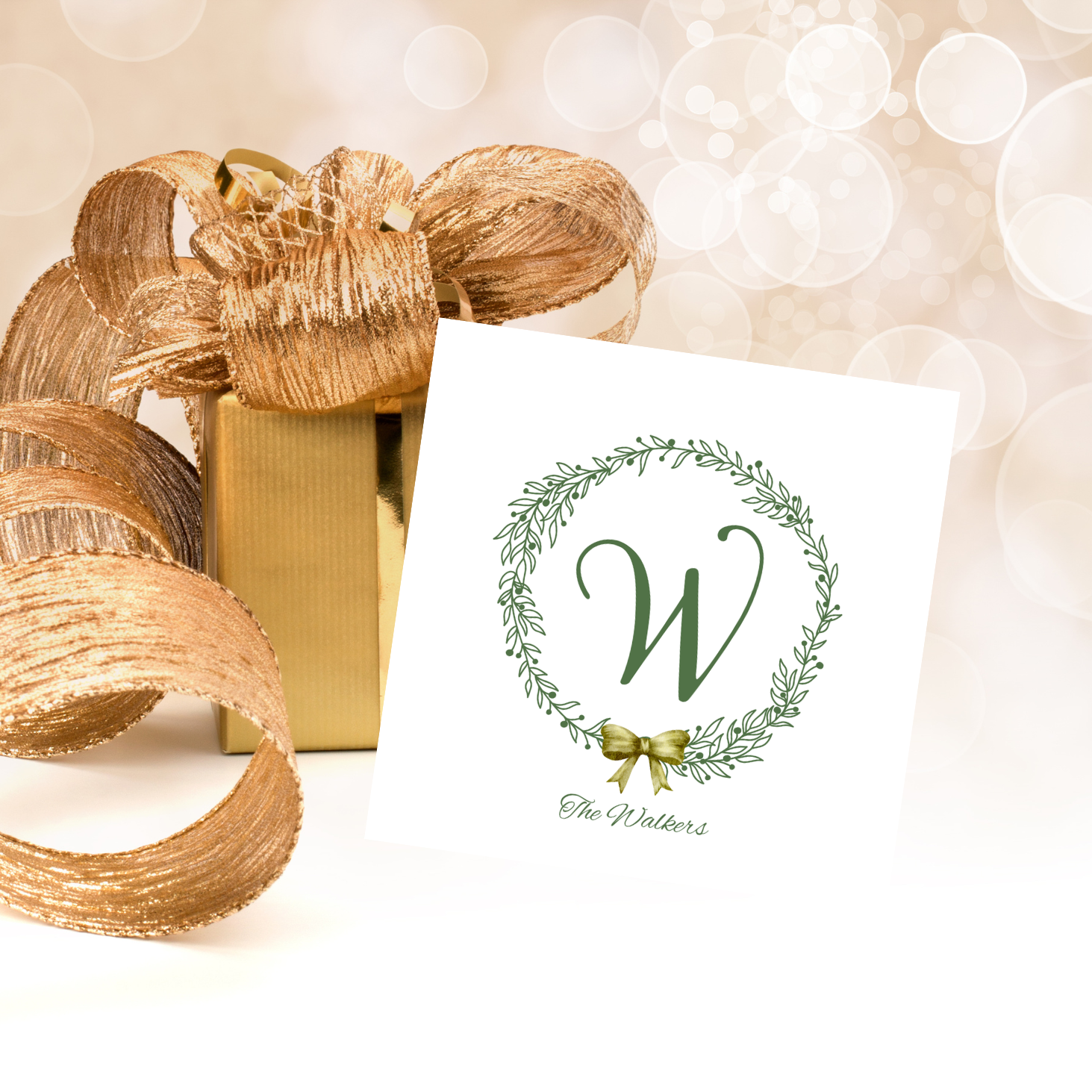 Green Wreath Monogram Calling Cards