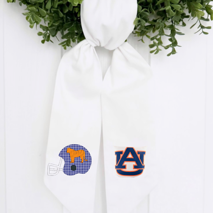 Auburn Tigers Wreath Sash | Football Helmet & AU Logo | White Cotton Wreath Sash | Game Day Front Door Decor
