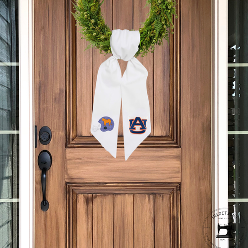 Auburn Tigers Wreath Sash | Football Helmet & AU Logo | White Cotton Wreath Sash | Game Day Front Door Decor