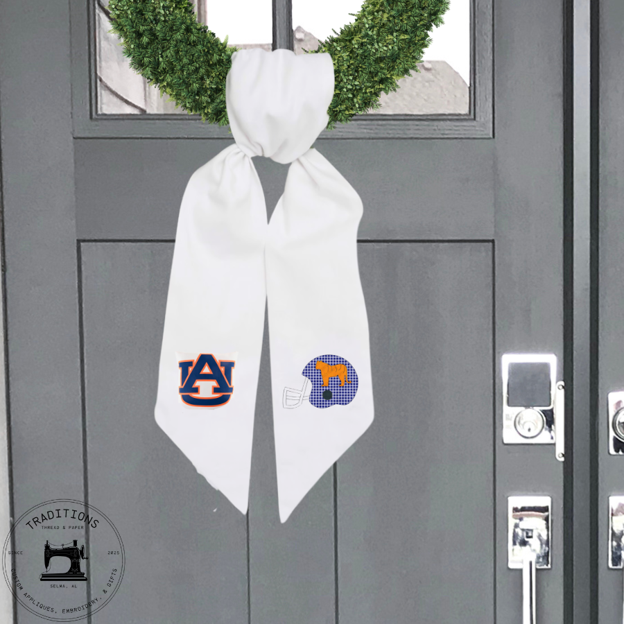 Auburn Tigers Wreath Sash | Football Helmet & AU Logo | White Cotton Wreath Sash | Game Day Front Door Decor