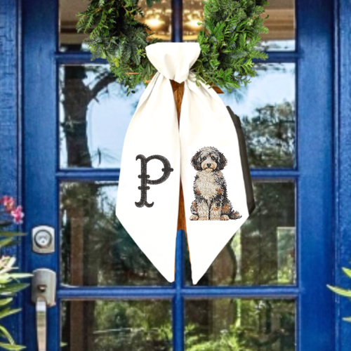 Aussiedoodle Wreath Sash with Monogram | Custom Dog Wreath Sash | Personalized Front Door Decor | Embroidered Aussiedoodle Gift