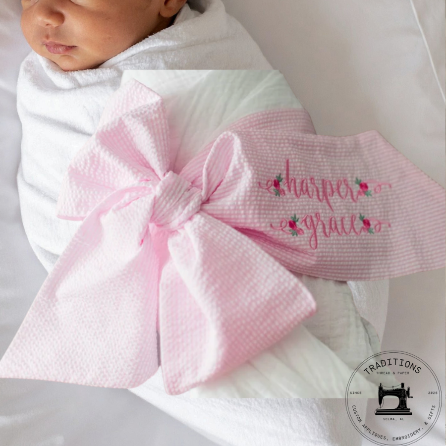 Personalized Baby Bow Sash – Seersucker Monogram