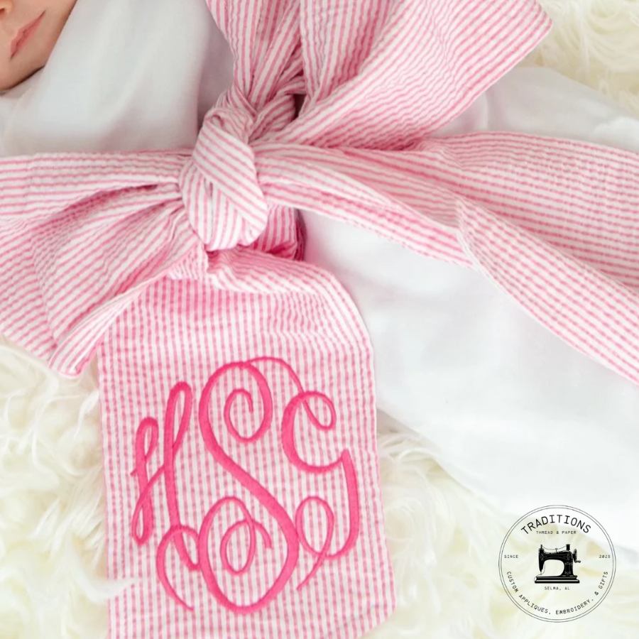 Personalized Baby Bow Sash – Seersucker Monogram