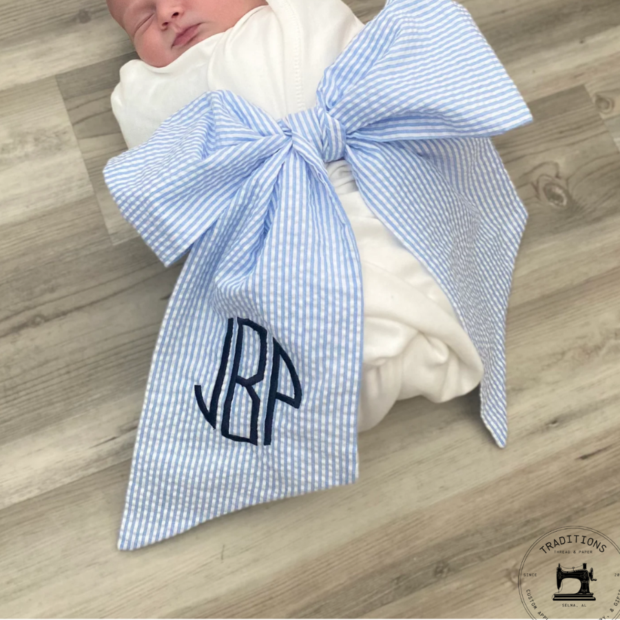 Personalized Baby Bow Sash – Seersucker Monogram
