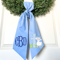 Personalized Easter Lamb Wreath Sash with Cross Appliqué | Blue Spring Door Decor | Custom Monogram Christian Wreath Sash