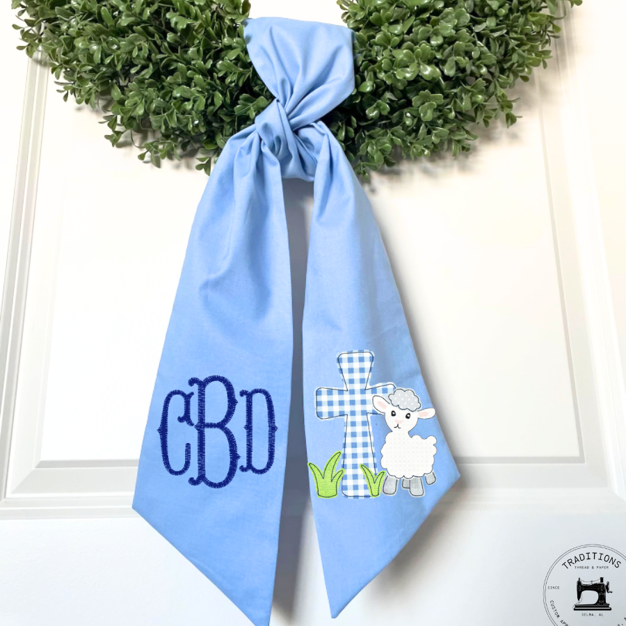 Personalized Easter Lamb Wreath Sash with Cross Appliqué | Blue Spring Door Decor | Custom Monogram Christian Wreath Sash