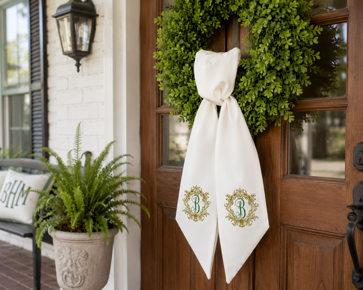 Personalized Monogram Wreath Sash | Ornate Embroidered Initial Wreath Sash