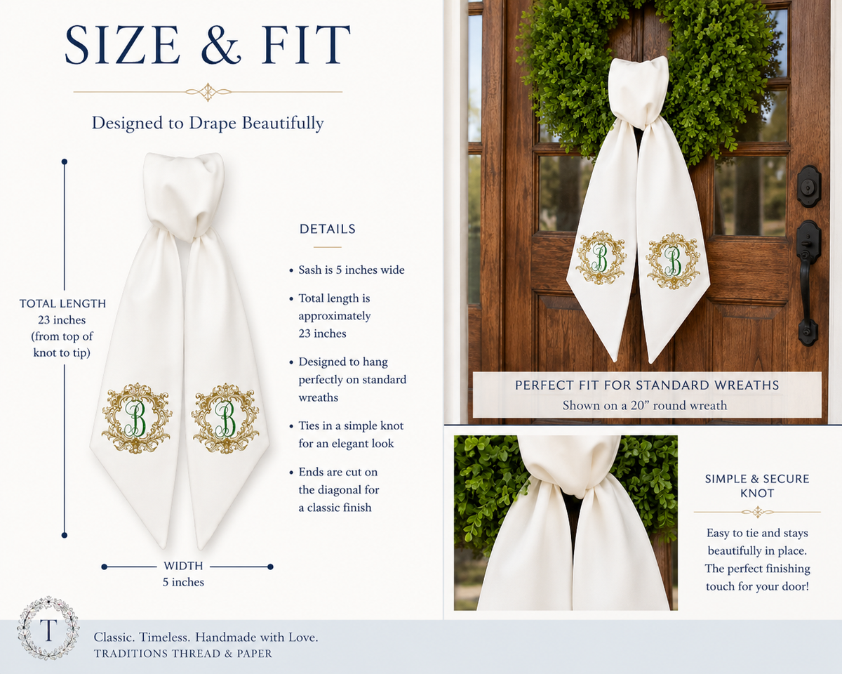 Personalized Monogram Wreath Sash | Ornate Embroidered Initial Wreath Sash