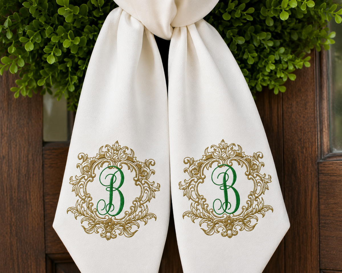Personalized Monogram Wreath Sash | Ornate Embroidered Initial Wreath Sash