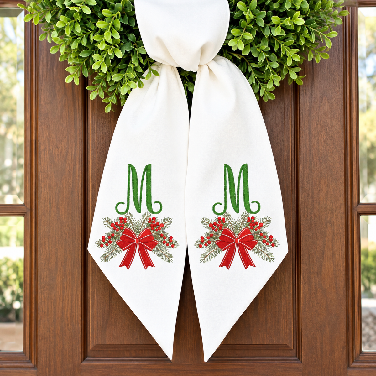 Personalized Christmas Wreath Sash | Monogram, Red Bow & Christmas Greenery