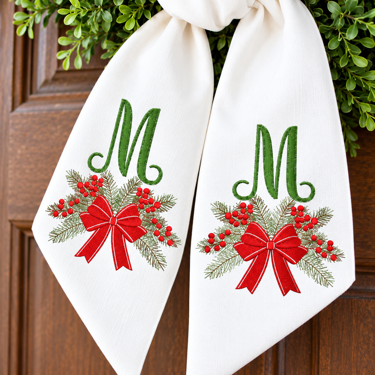 Personalized Christmas Wreath Sash | Monogram, Red Bow & Christmas Greenery