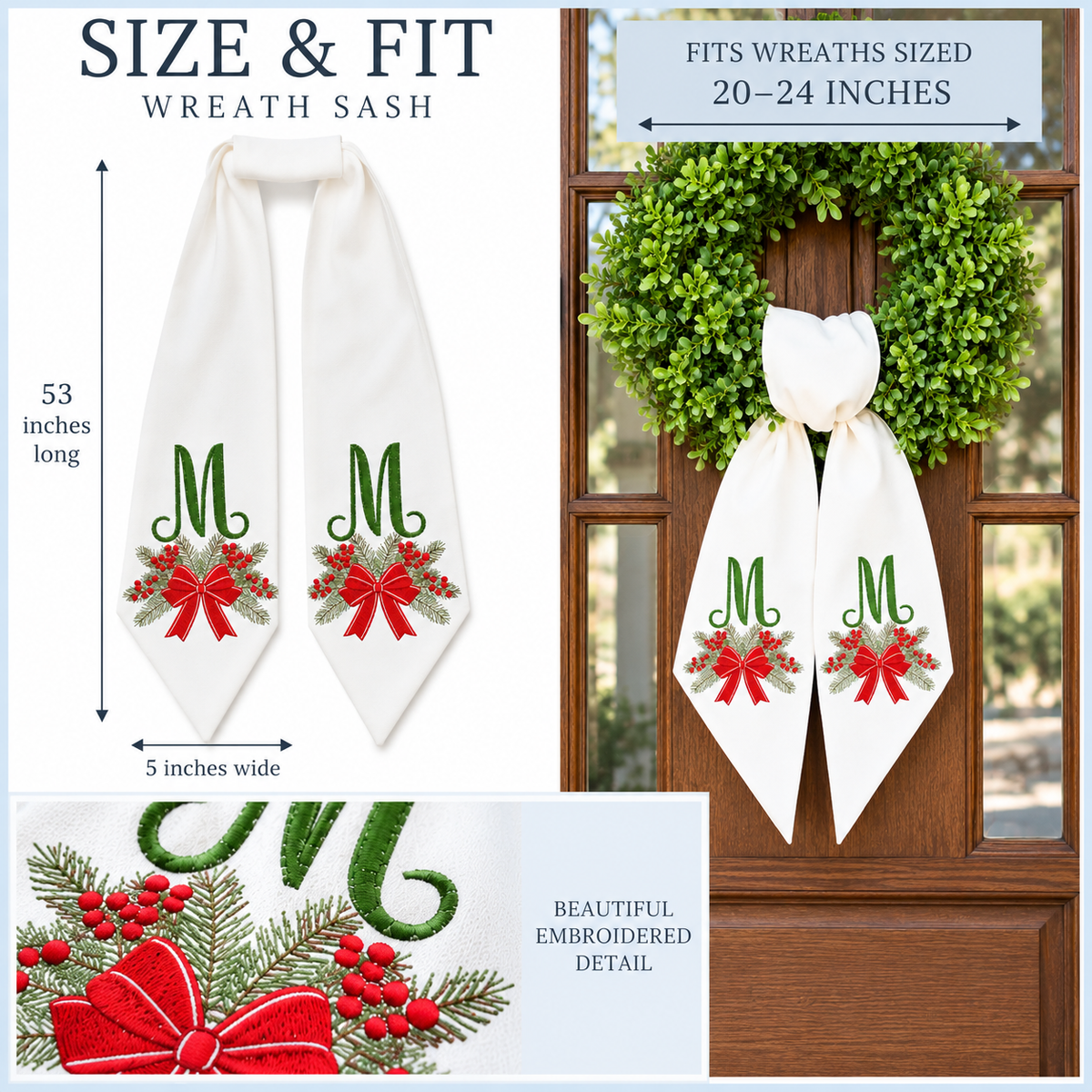 Personalized Christmas Wreath Sash | Monogram, Red Bow & Christmas Greenery