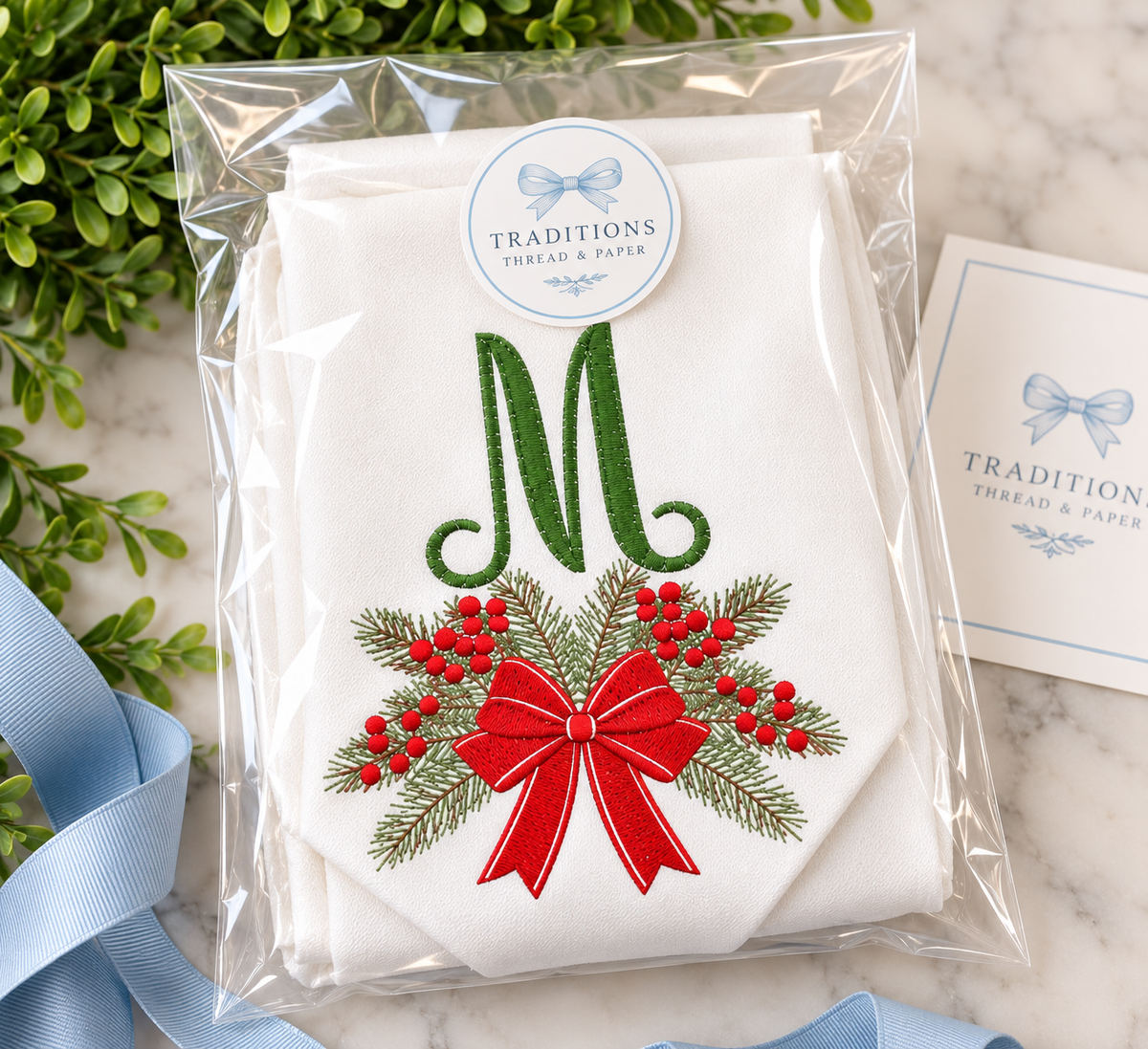 Personalized Christmas Wreath Sash | Monogram, Red Bow & Christmas Greenery