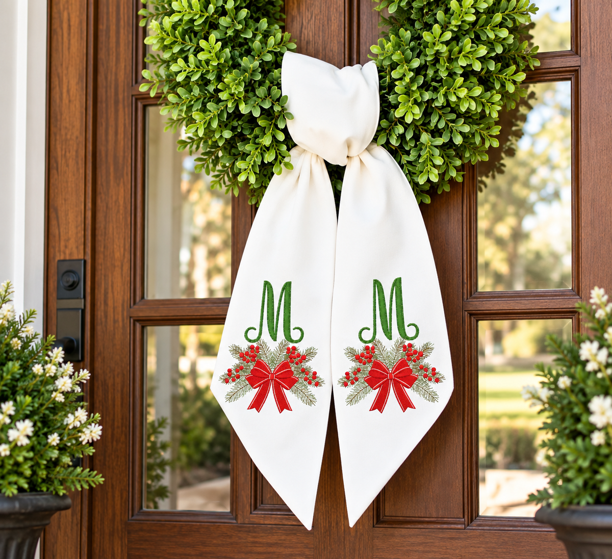 Personalized Christmas Wreath Sash | Monogram, Red Bow & Christmas Greenery