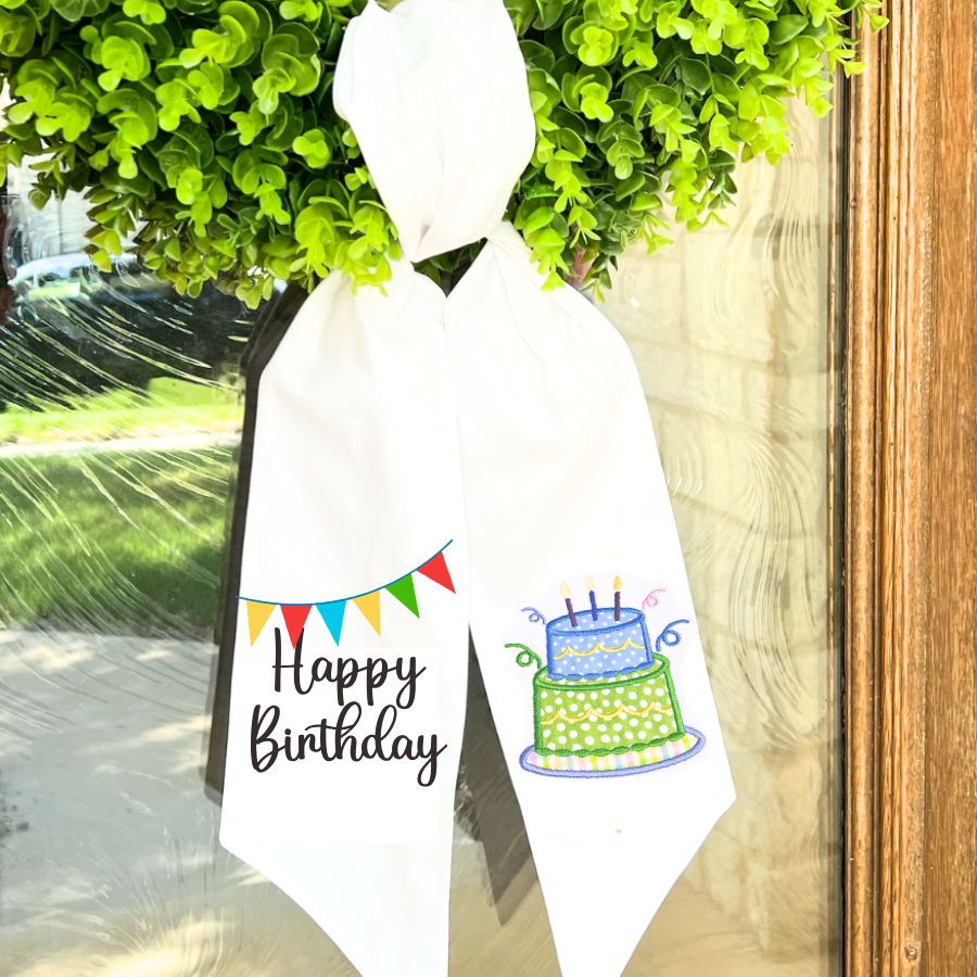 Embroidered Birthday Cake Wreath Sash – Festive Door Decor for Celebrations