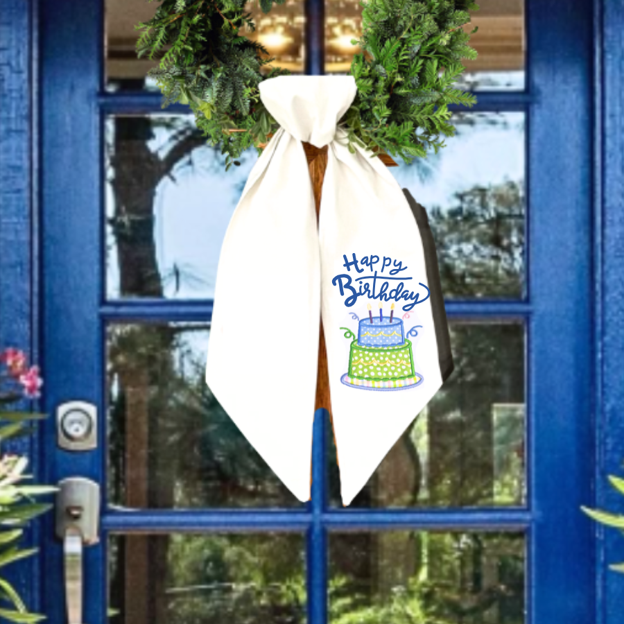 Embroidered Birthday Cake Wreath Sash – Festive Door Decor for Celebrations