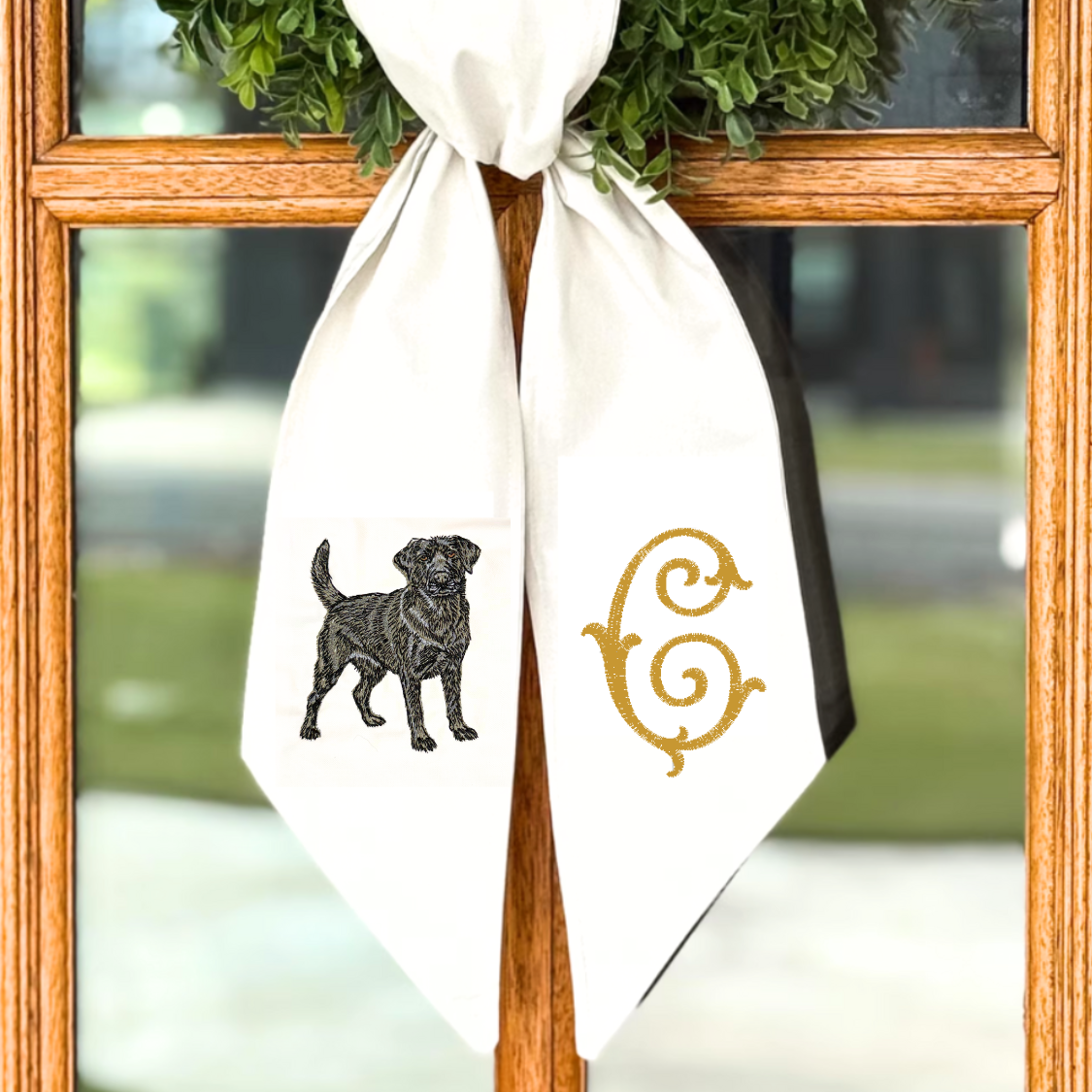 Personalized Black Lab Wreath Sash with Monogram – Cotton & Canvas, 54" × 5"