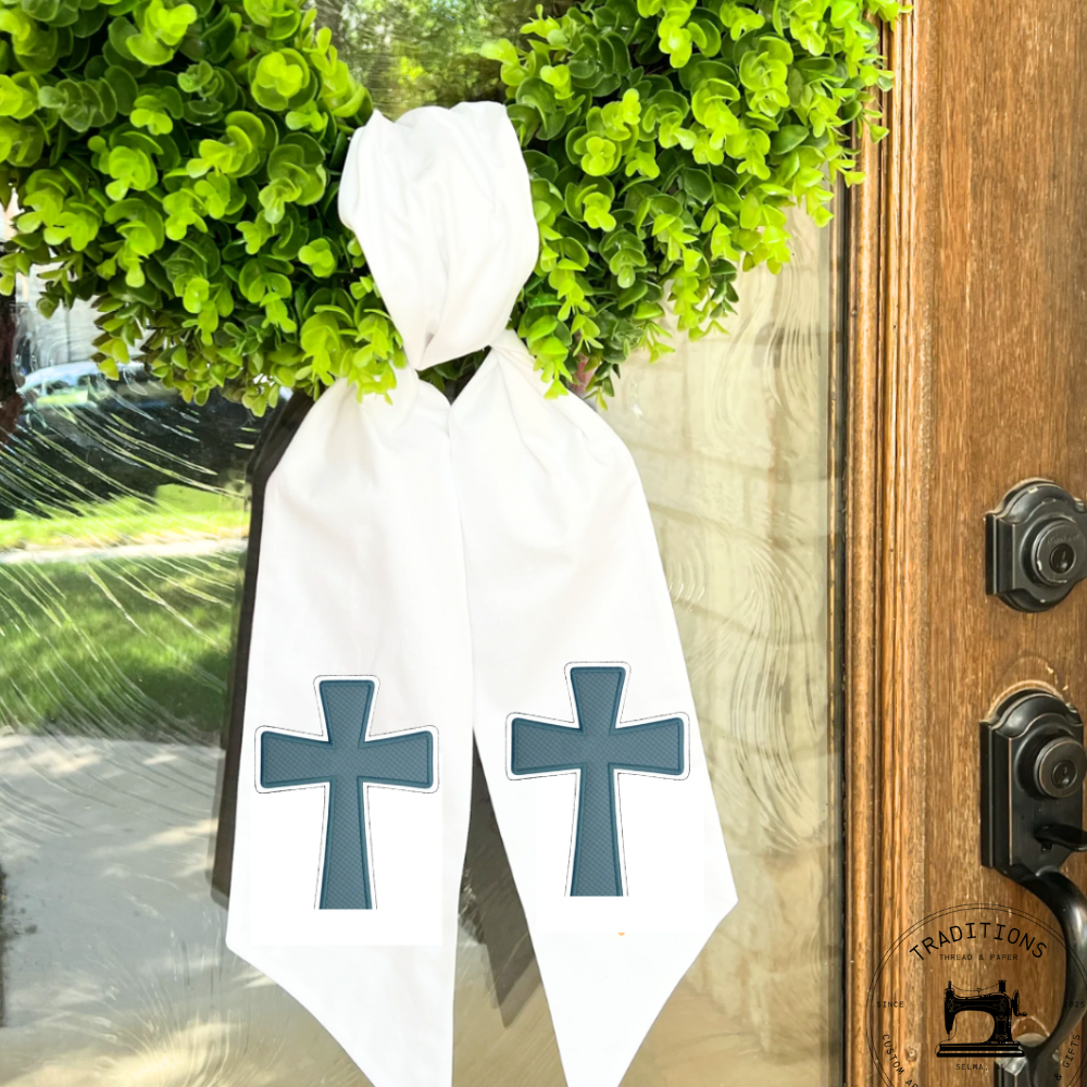 Blue Cross Wreath Sash – Embroidered Christian Door Décor for Easter, Baptism, or Everyday Faith
