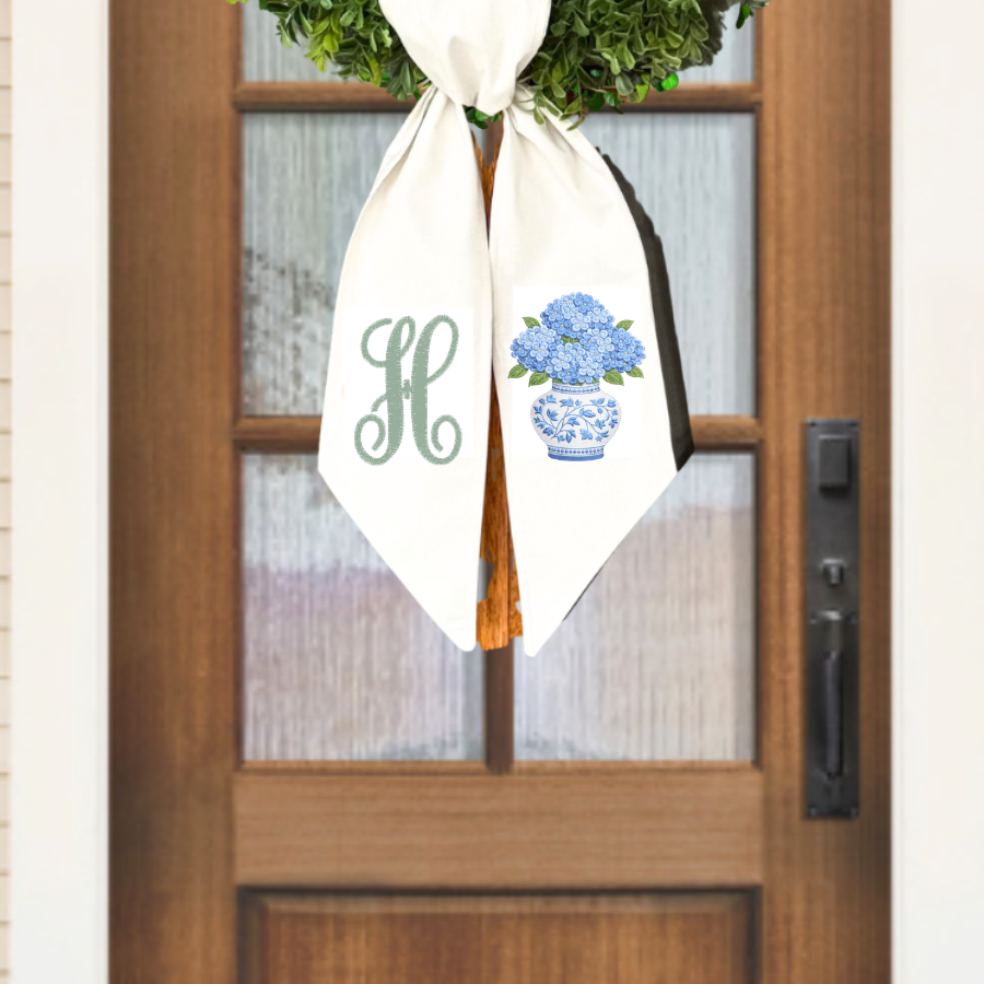 Personalized Blue Hydrangea Wreath Sash