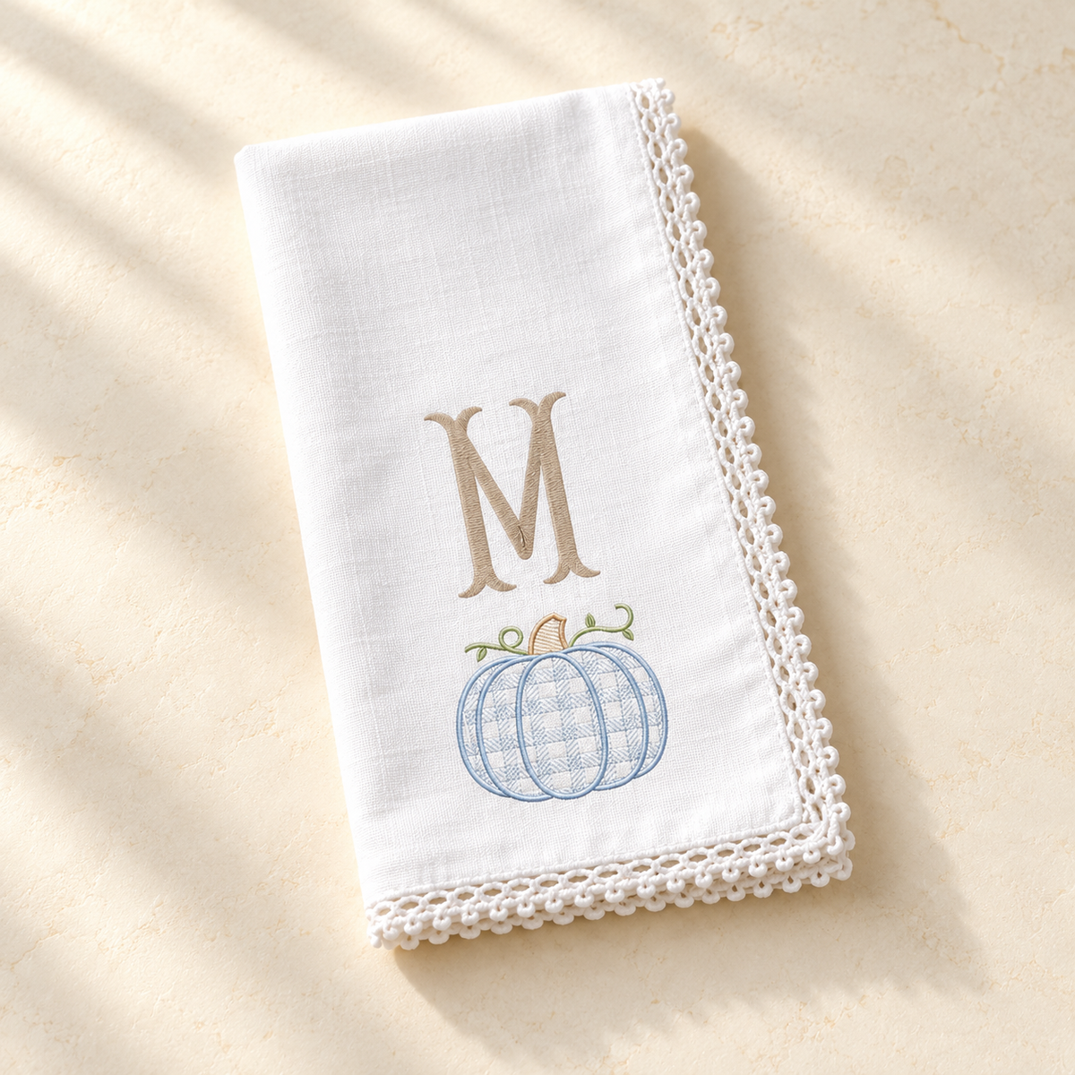 Personalized Blue Pumpkin Monogram Dinner Napkins | Embroidered Fall Table Linens