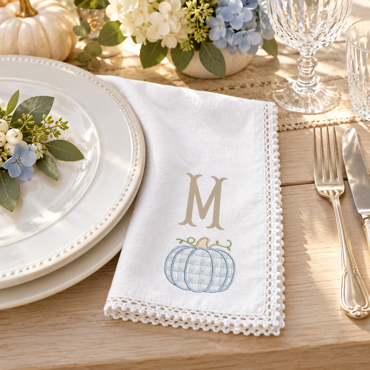 Personalized Blue Pumpkin Monogram Dinner Napkins | Embroidered Fall Table Linens