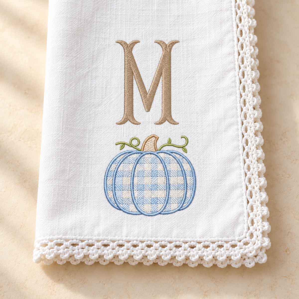 Personalized Blue Pumpkin Monogram Dinner Napkins | Embroidered Fall Table Linens