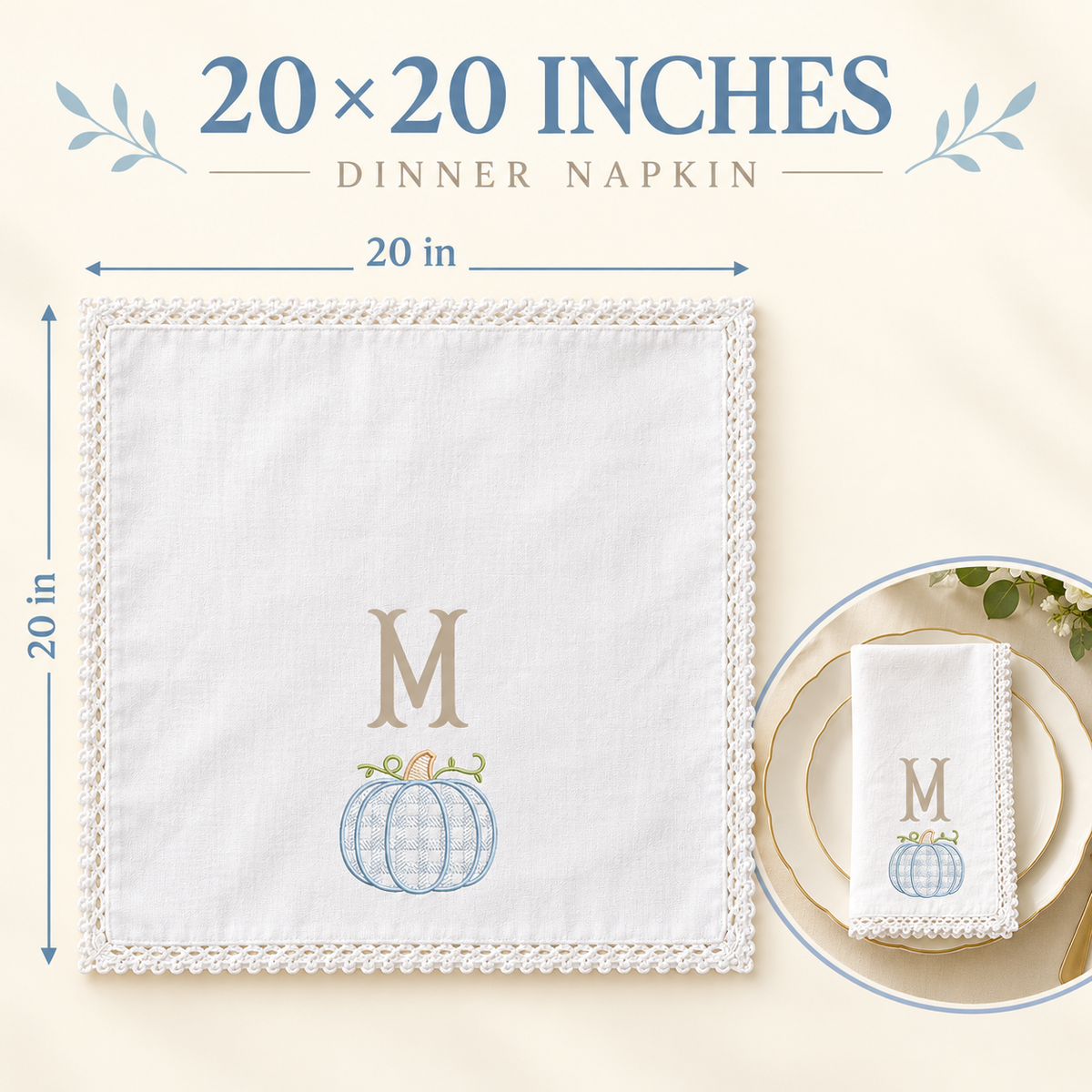 Personalized Blue Pumpkin Monogram Dinner Napkins | Embroidered Fall Table Linens
