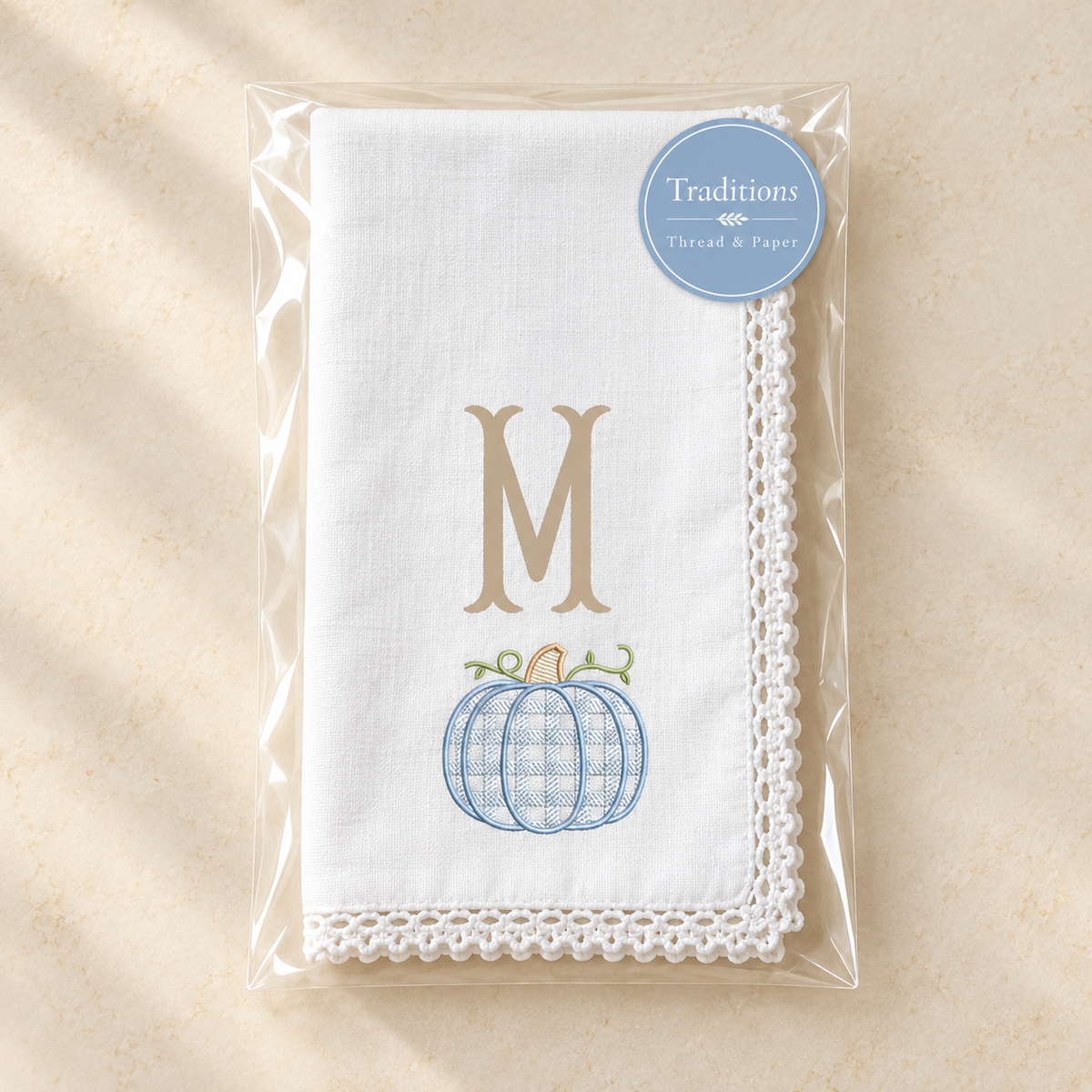 Personalized Blue Pumpkin Monogram Dinner Napkins | Embroidered Fall Table Linens