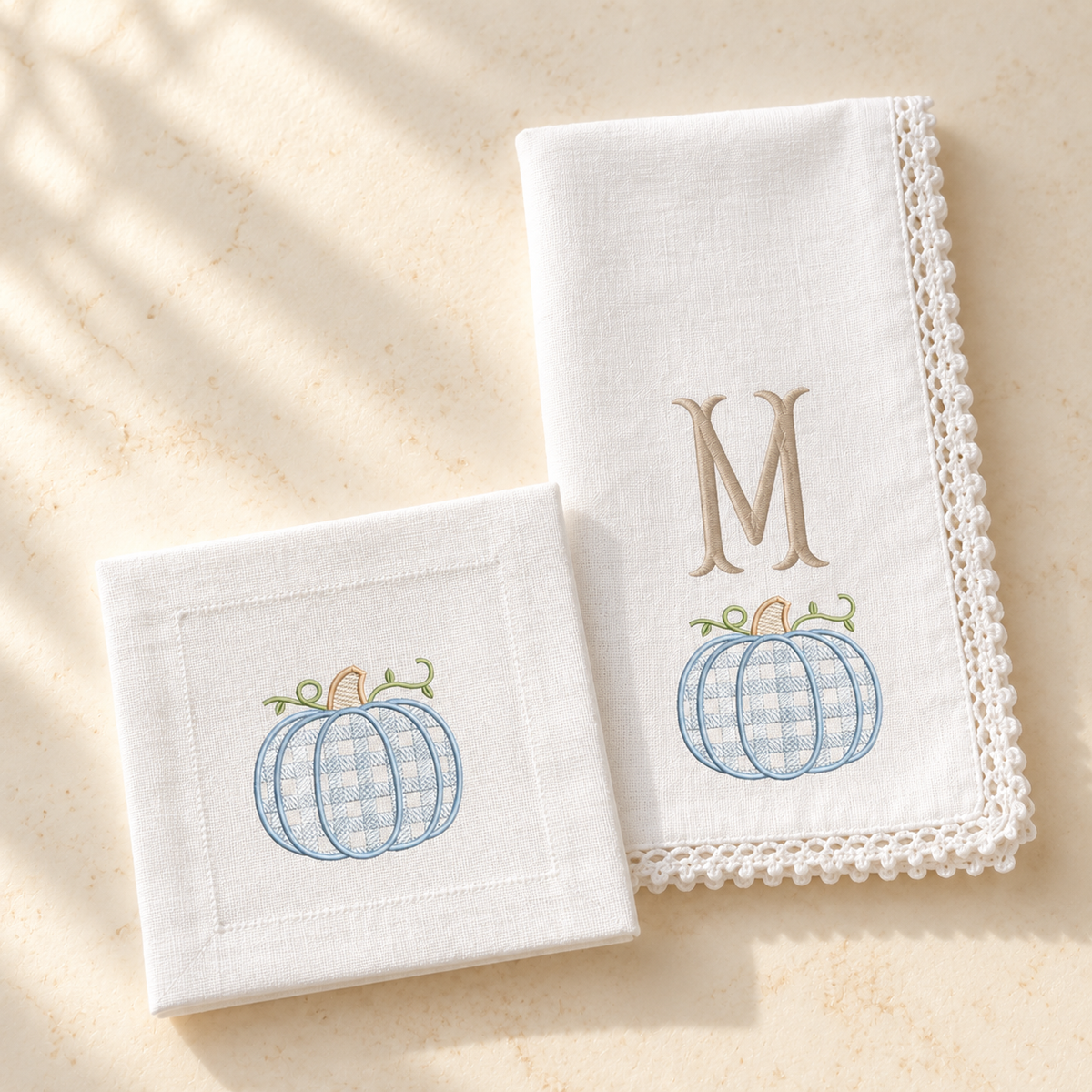 Personalized Blue Pumpkin Monogram Dinner Napkins | Embroidered Fall Table Linens