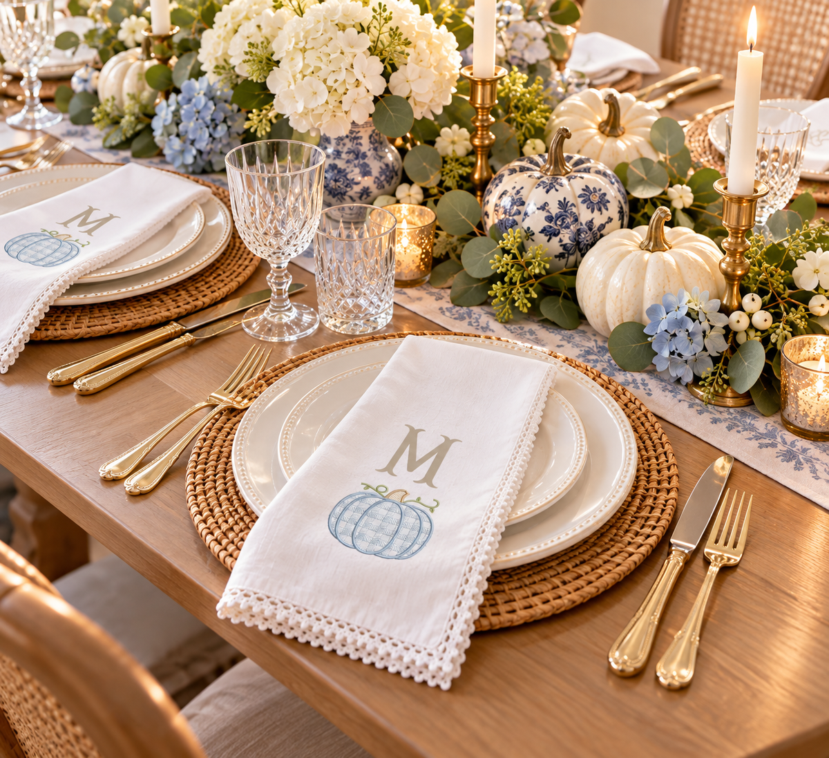 Personalized Blue Pumpkin Monogram Dinner Napkins | Embroidered Fall Table Linens