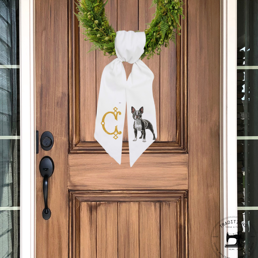 Personalized Boston Terrier Embroidered Wreath Sash — Cotton & Canvas Door Décor (54" × 5")